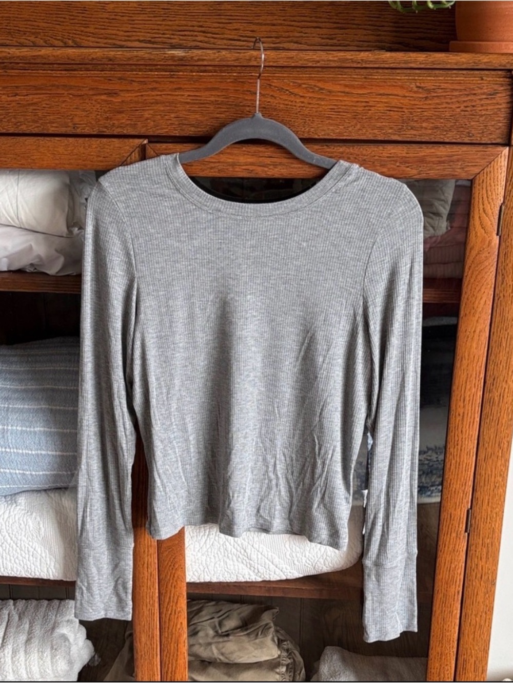 aerie Ribbed Long-Sleeve Crewneck Top - Gray